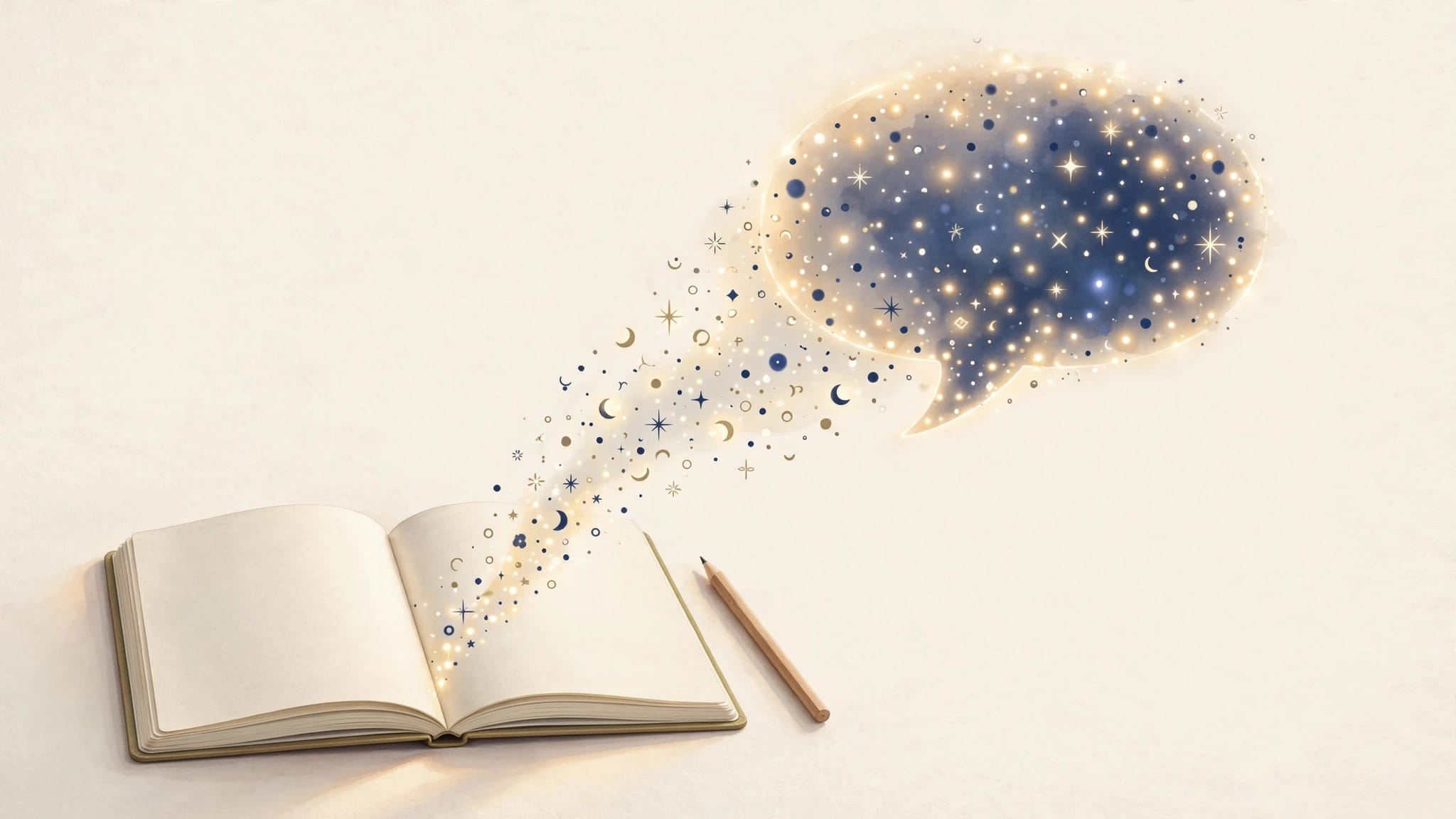 Glowing symbols rise from an open notebook and form a speech bubble beside a pencil.