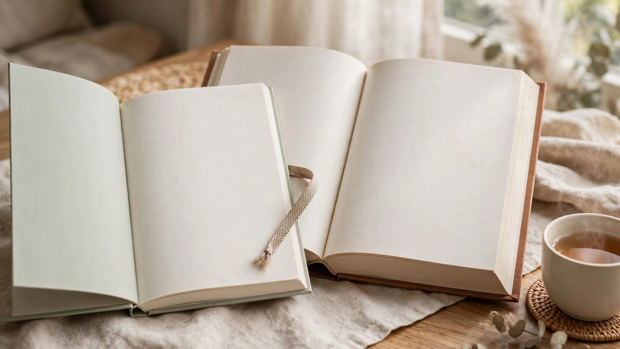 An open reader and thicker novel sit beside a cup of tea.