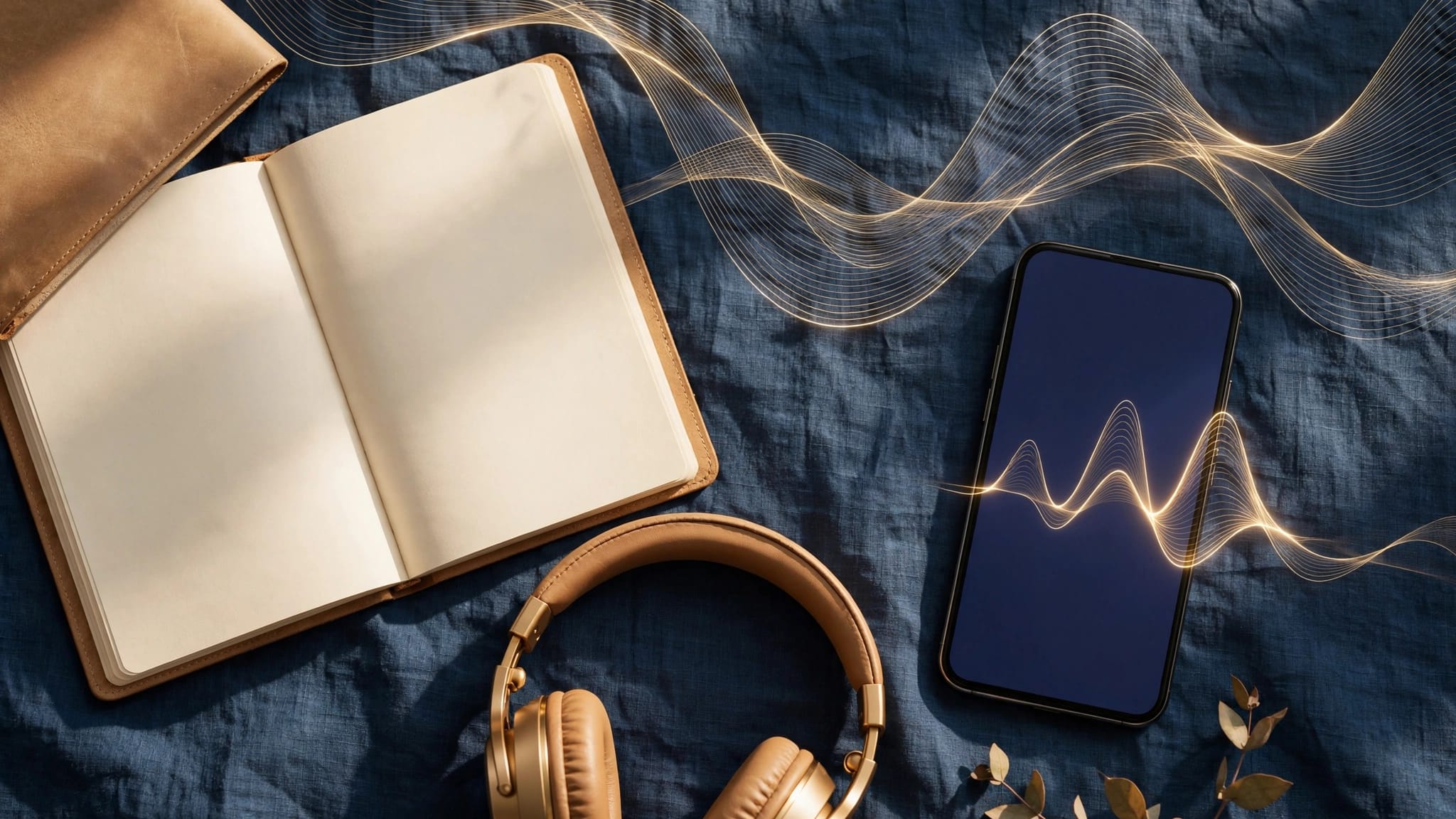An open notebook, headphones, and smartphone sit beneath subtle sound waves.