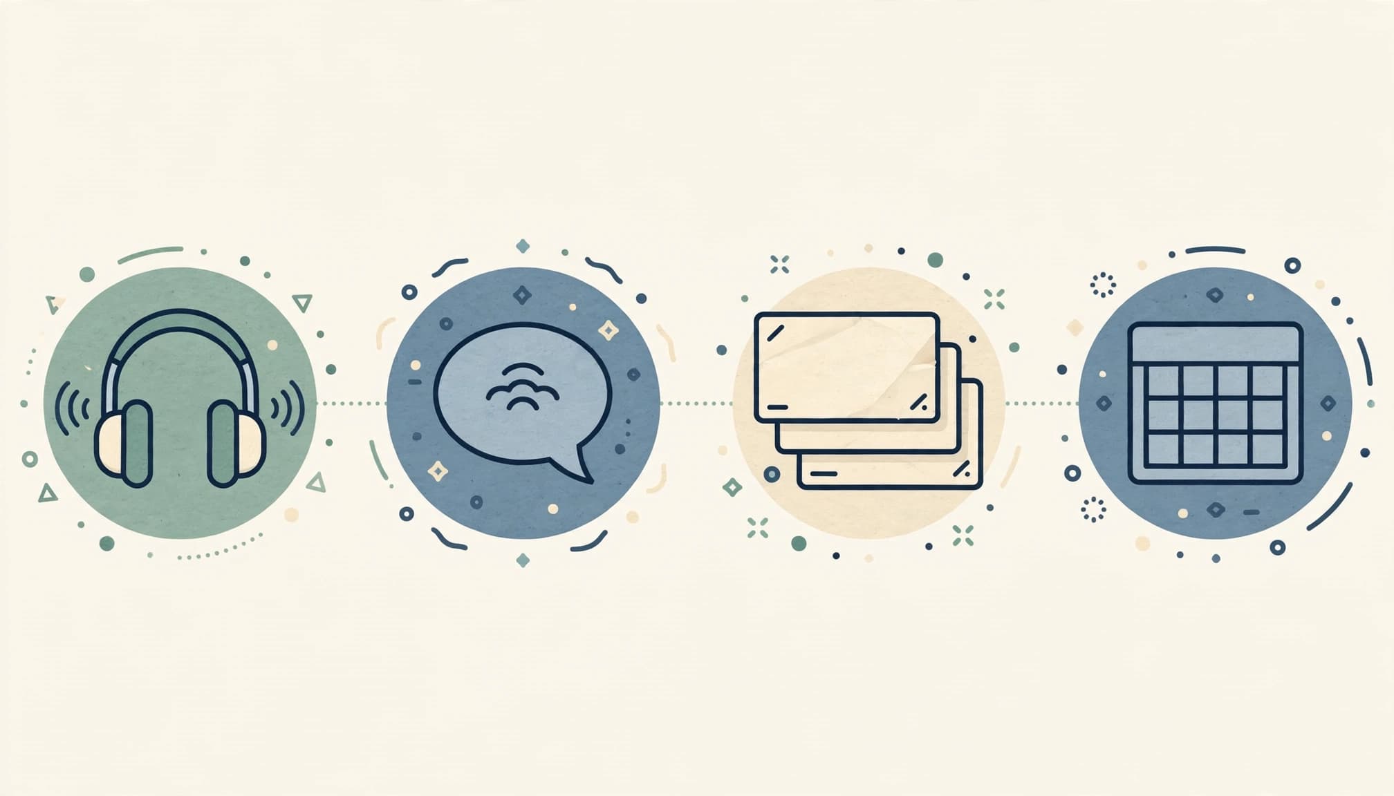 Learn Cornish Online: Courses, Audio, and a Month Plan 3 An editorial illustration showing four circular icons representing language study steps.