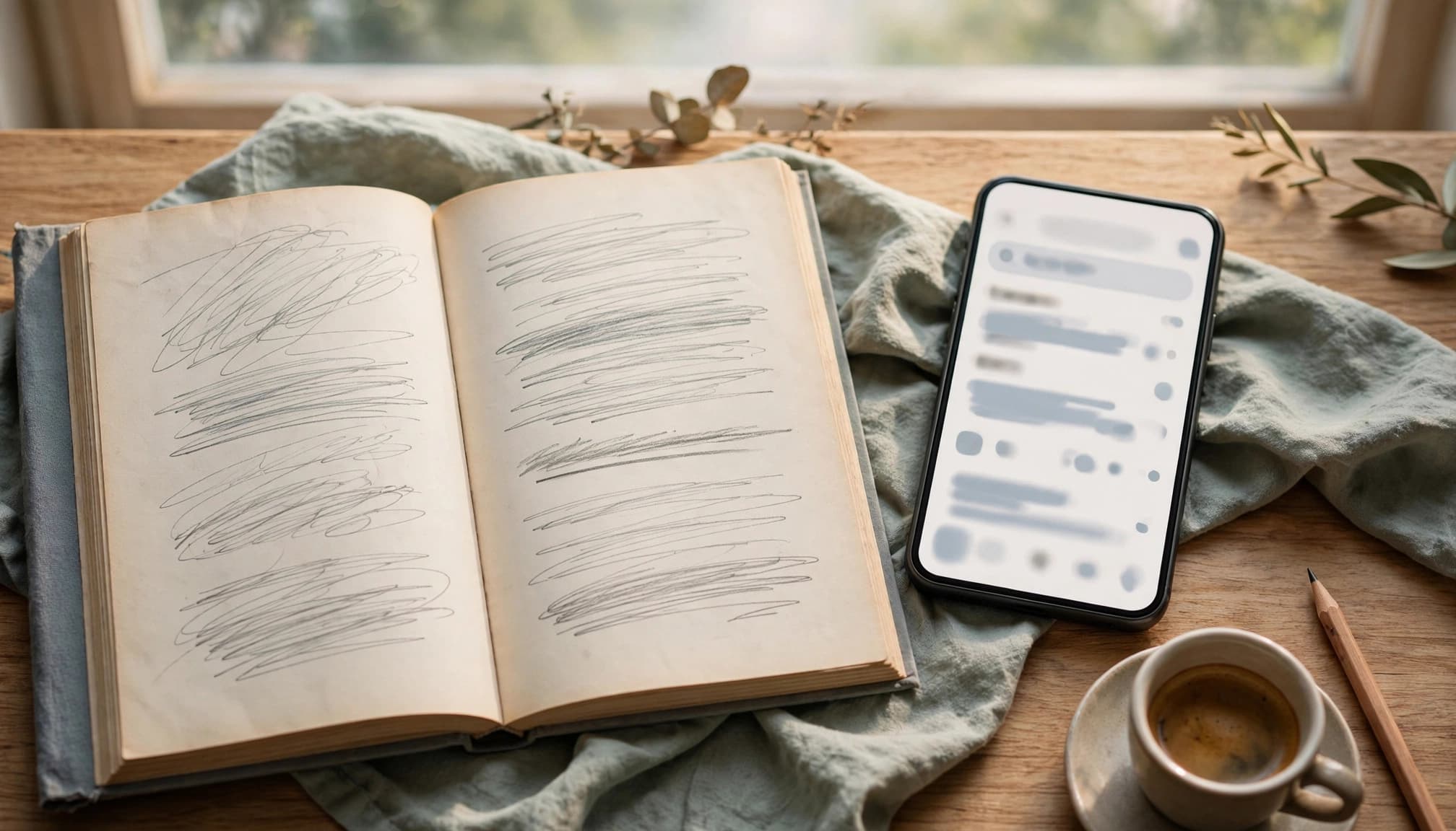 An open notebook with scribbles, a smartphone with blurred UI, and an espresso cup on a wooden table.