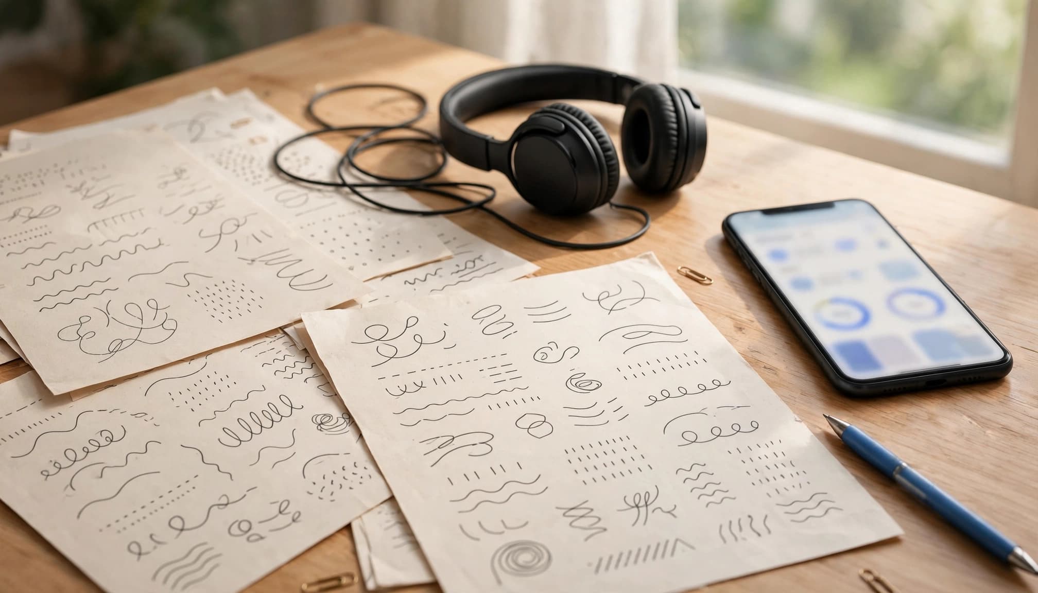 A tidy study scene with practice sheets, headphones, smartphone, and a blue pen on a wooden table.