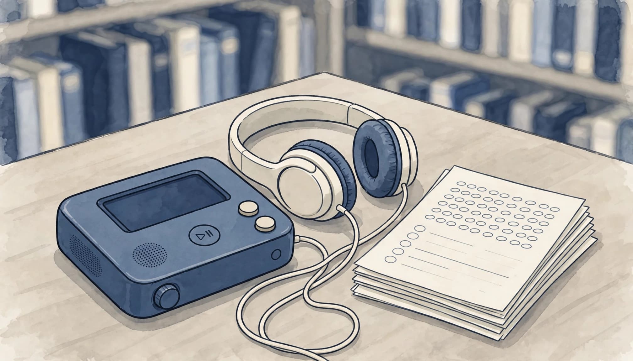 An illustrated audio player with headphones and a stack of answer sheets on a table.