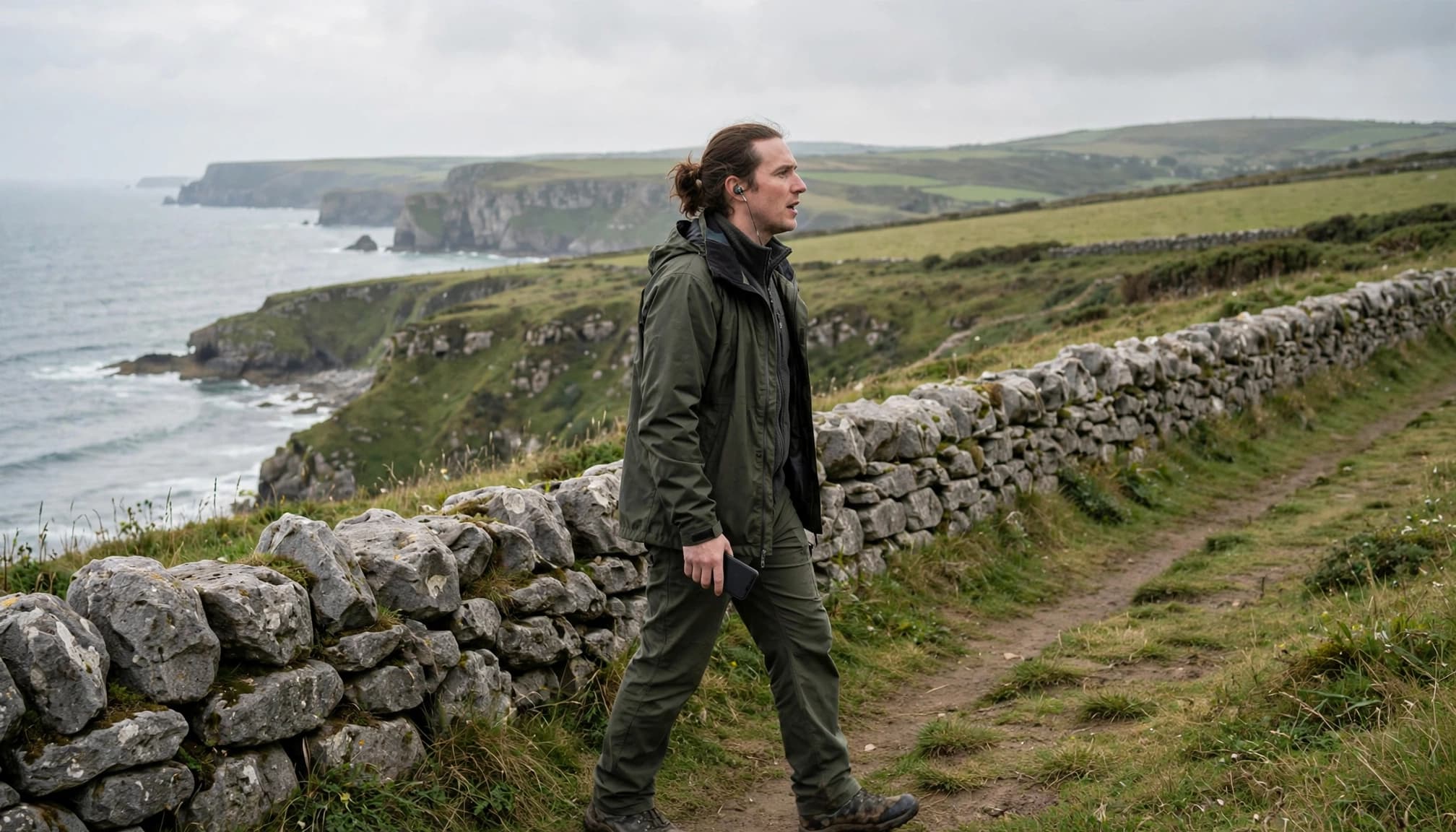 An adult with earbuds walks beside a stone wall along the coast, holding a phone.