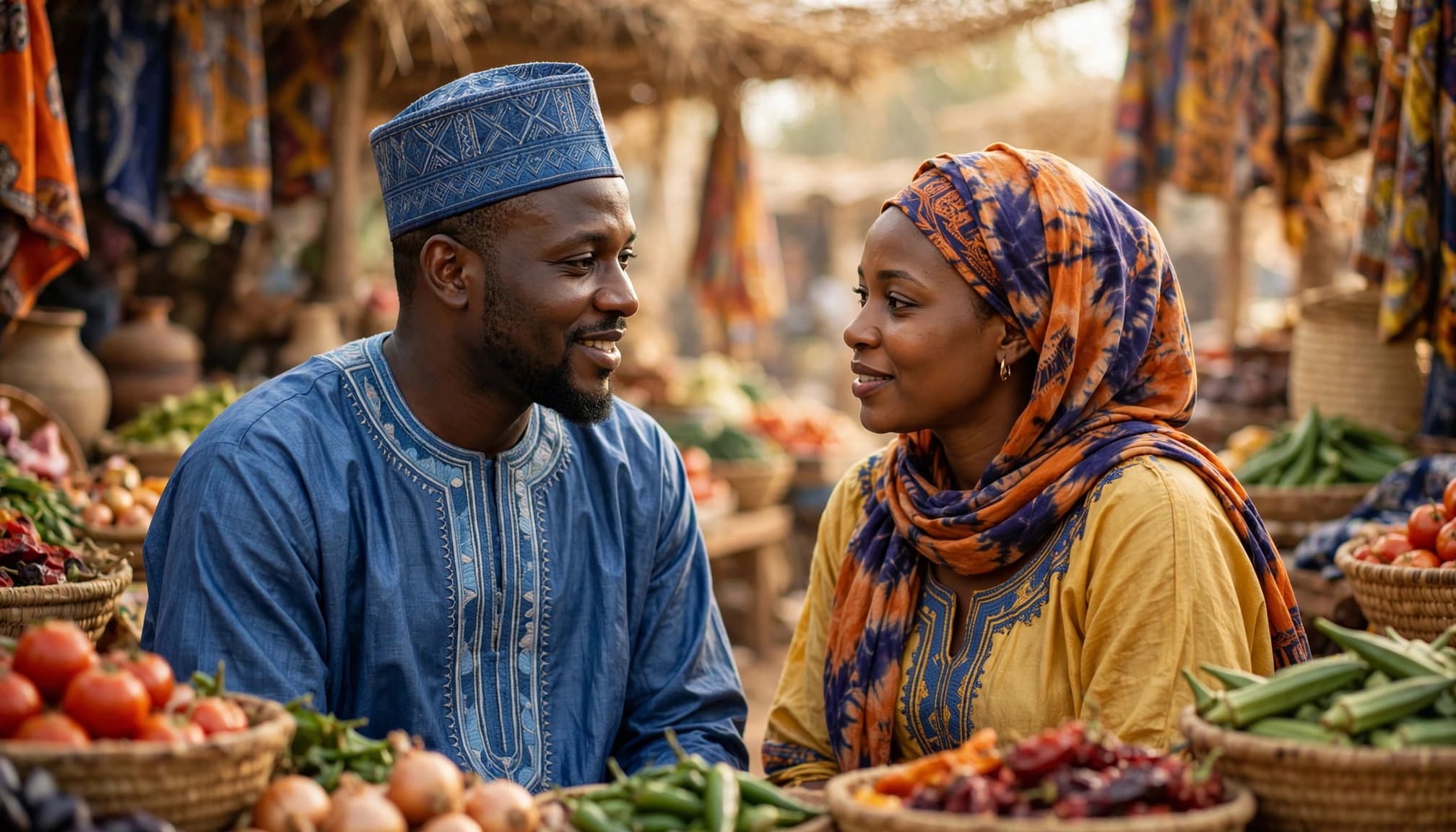 A man and woman in traditional attire converse in a bustling open-air market.