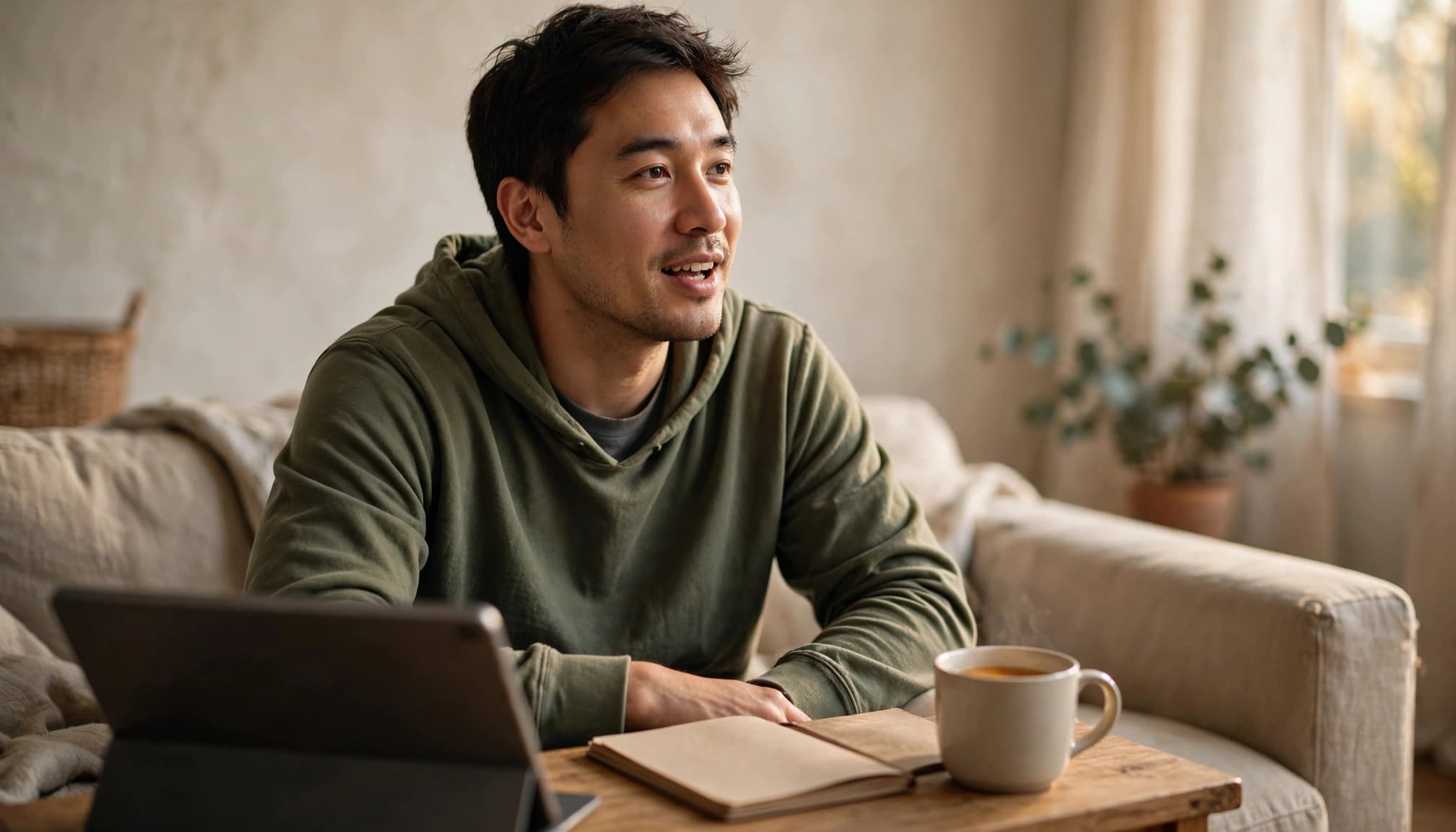 A man in a green hoodie sits speaking naturally next to a tablet, notebook, and a mug of coffee.