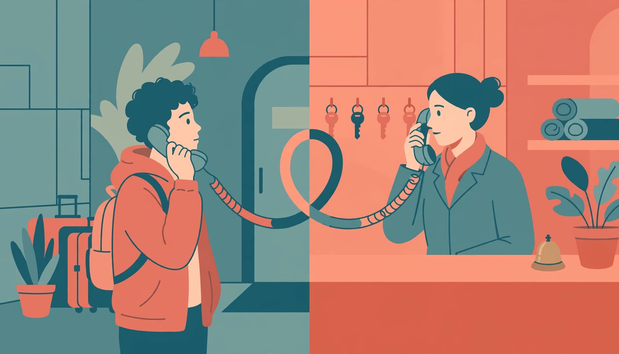 Split illustration of a traveler on a phone and a receptionist at a hotel desk.