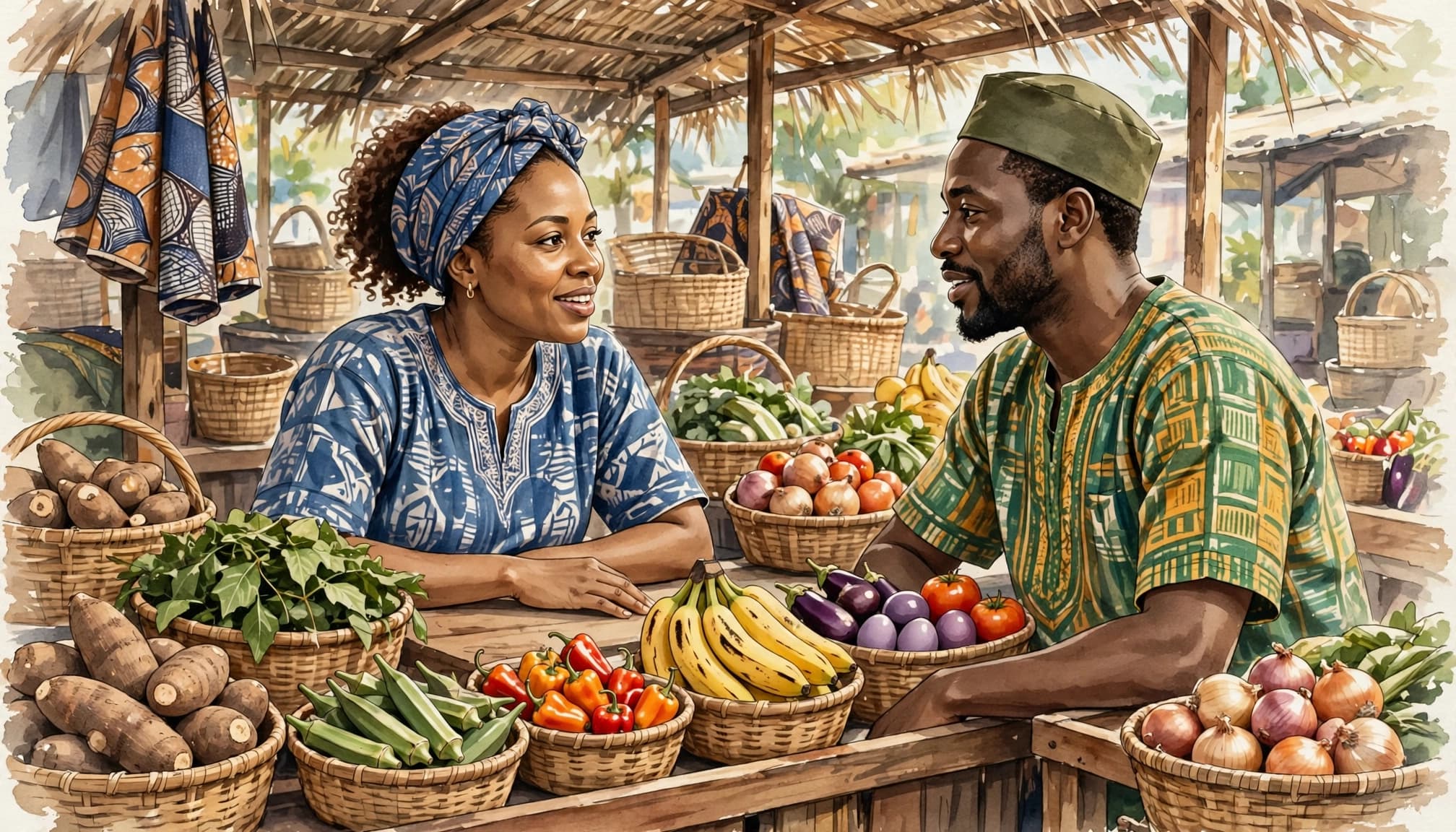 An illustration of a man and woman having a conversation at a market stall.