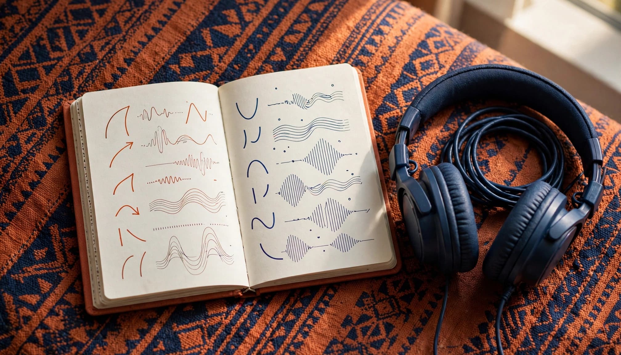 An open notebook with abstract tone marks and headphones on an orange and blue textile.