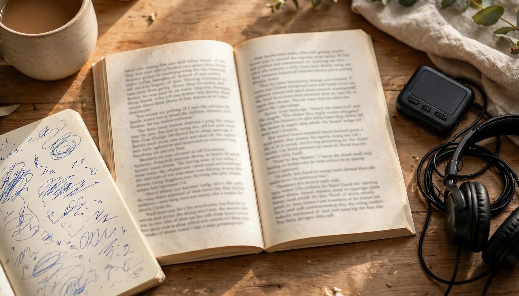 Open story pages sit beside an audio player, headphones, a mug, and a notebook.