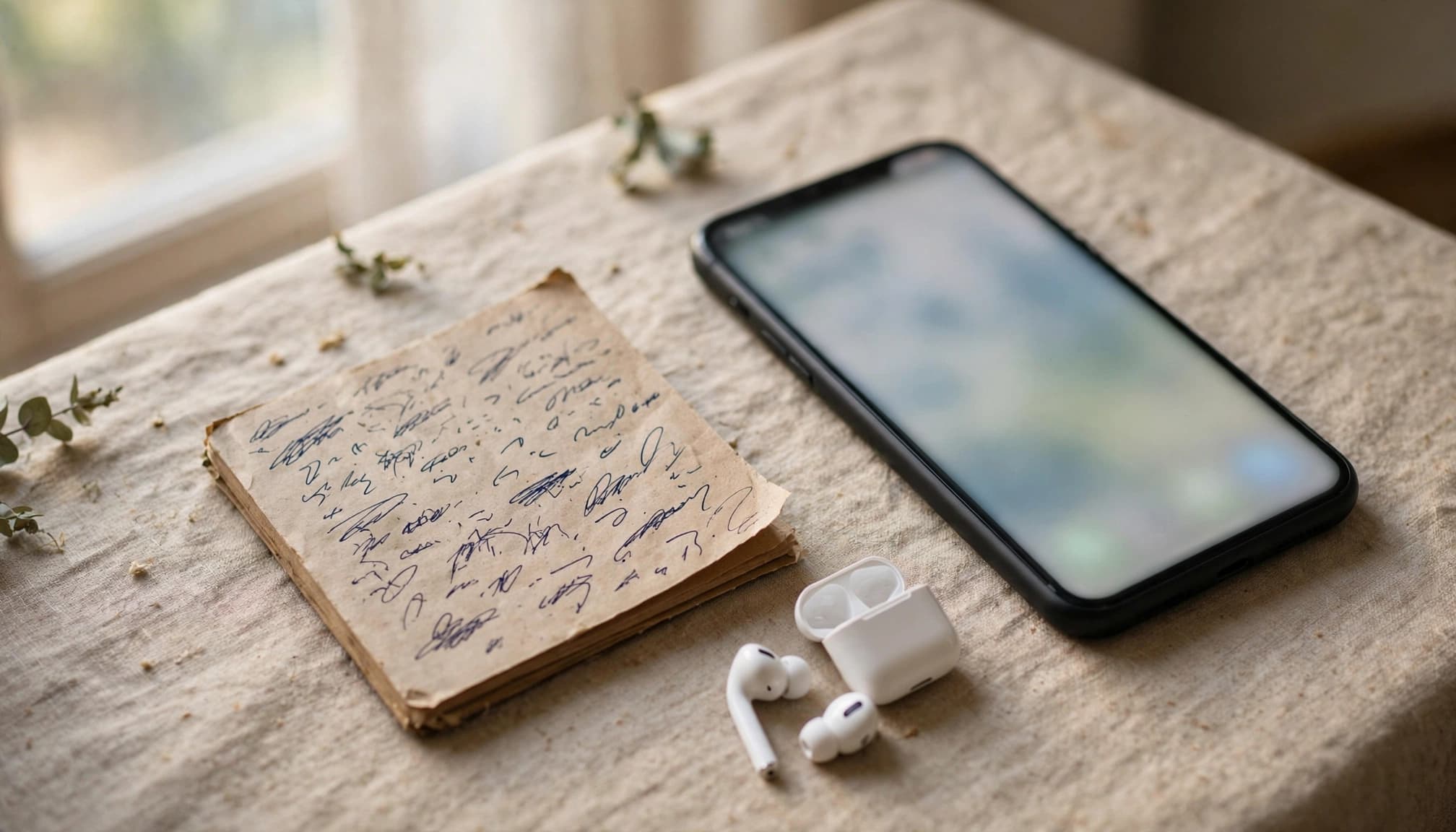 A phone, small marked notebook, and earbuds sit on a kitchen table near a window.