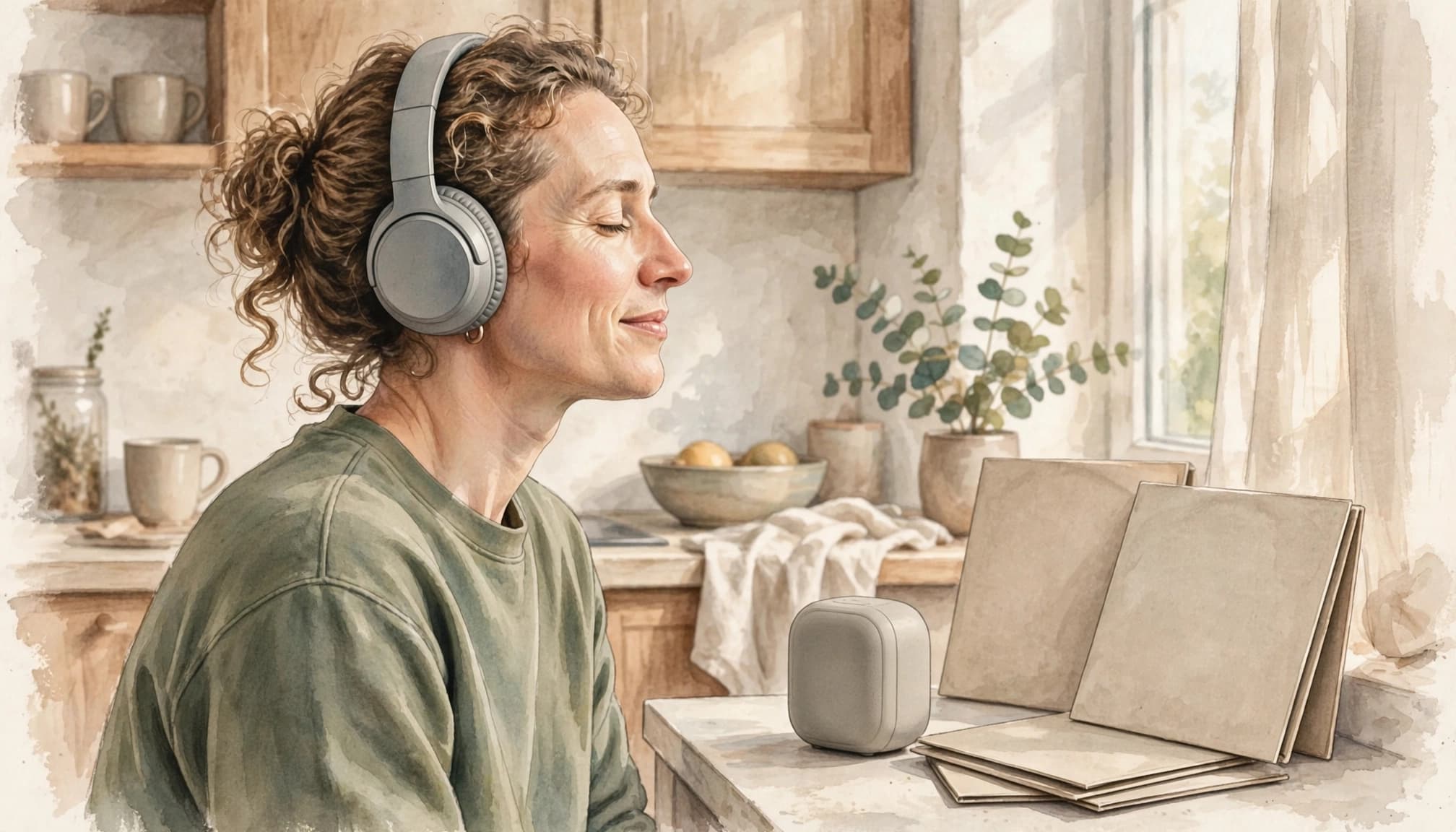 How to Restart Language Learning After a Long Break 2 A watercolor illustration of a person with curly hair wearing headphones and enjoying music in a kitchen.