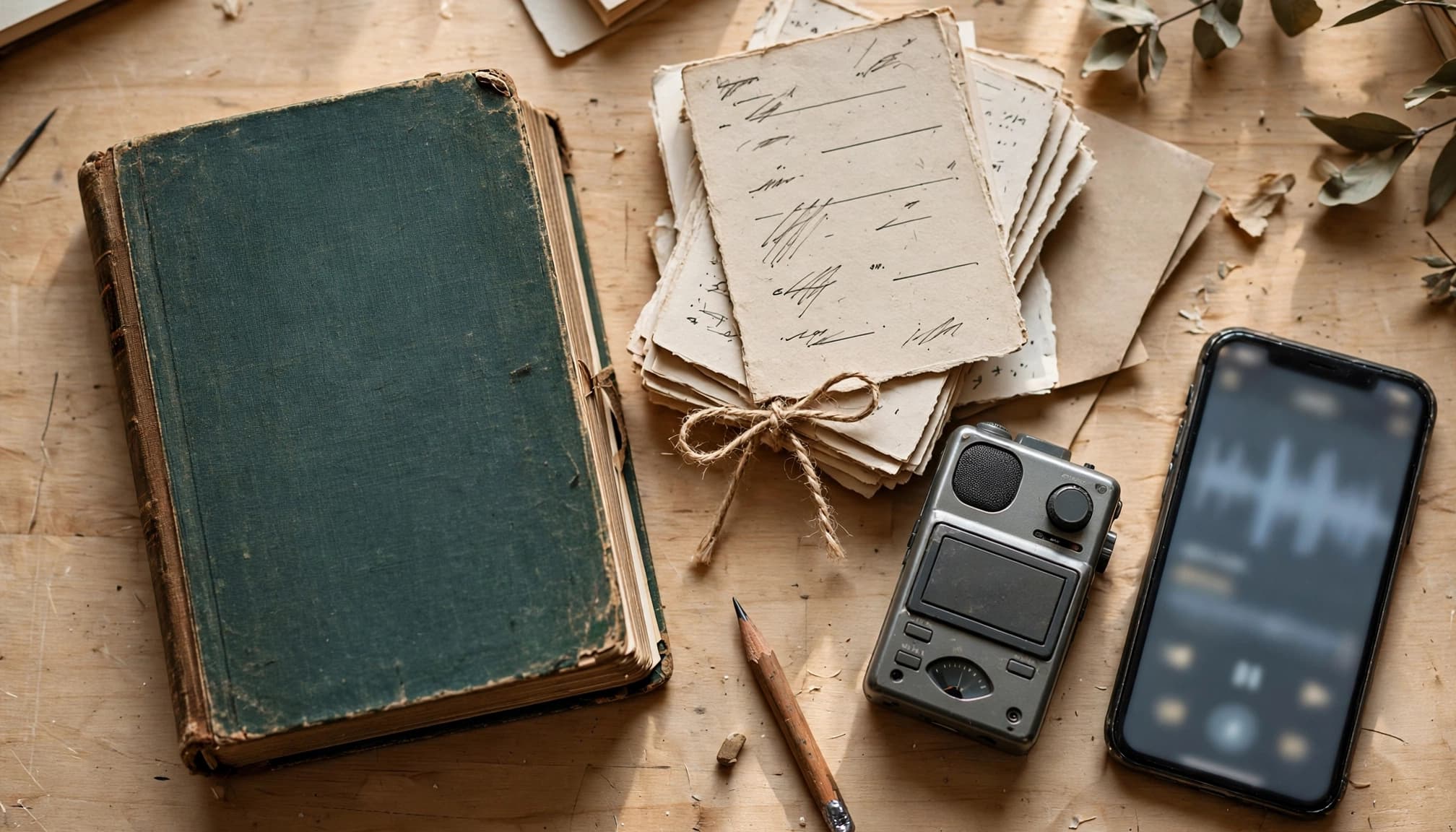 An overhead still life of a green book, vocabulary cards, an audio recorder, and a phone on a wooden table.