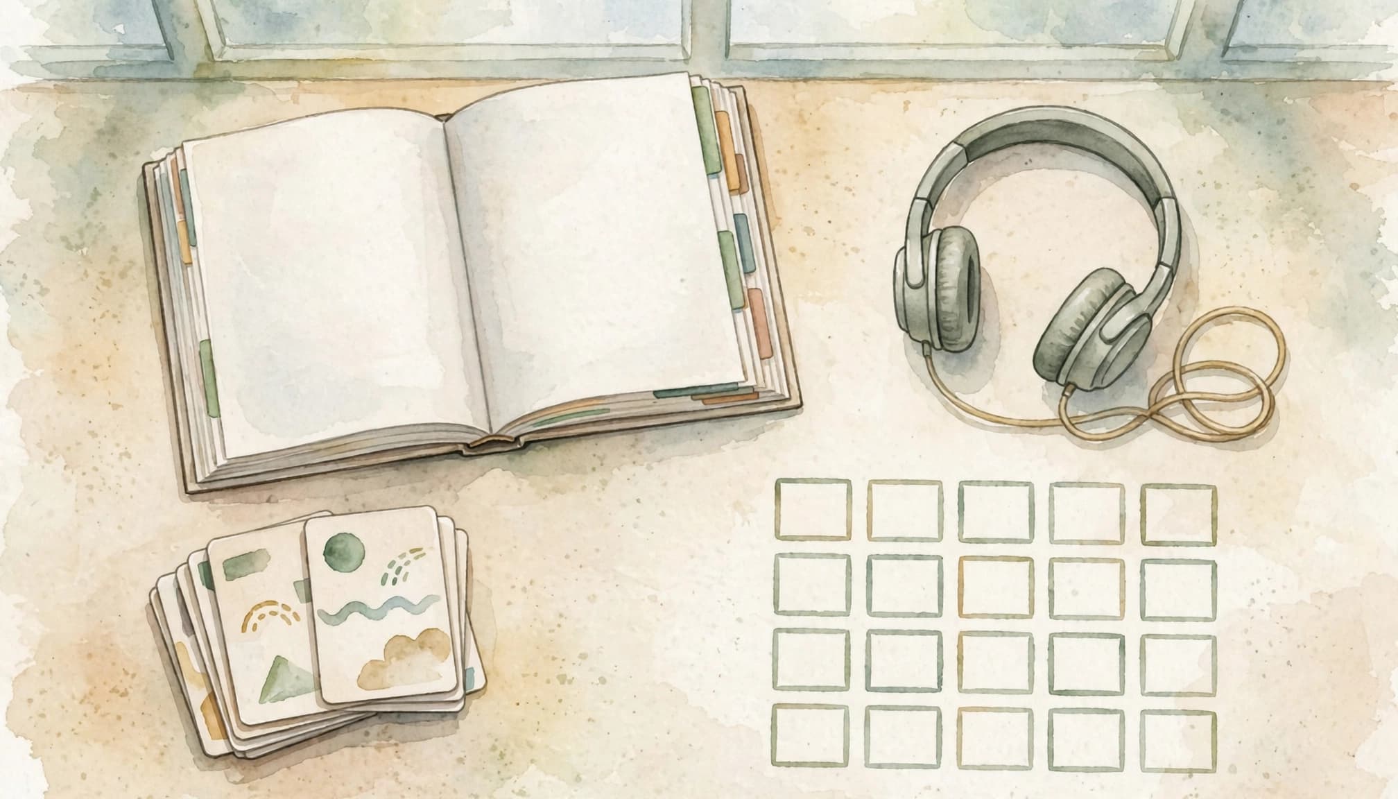 How to Restart Language Learning After a Long Break 3 Watercolor still life with an open book, headphones, flashcards, and a calendar grid.