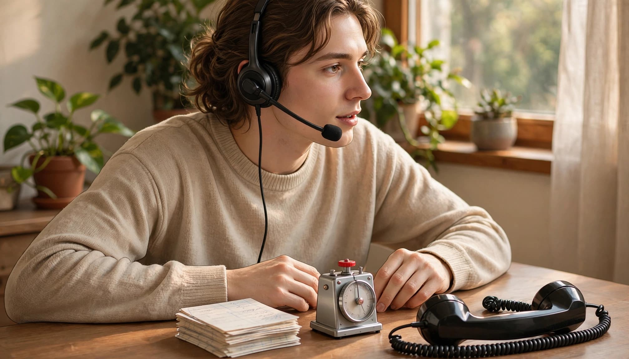 A person wearing a headset sits at a wooden table with vocabulary cards, a timer, and an old-fashioned phone.
