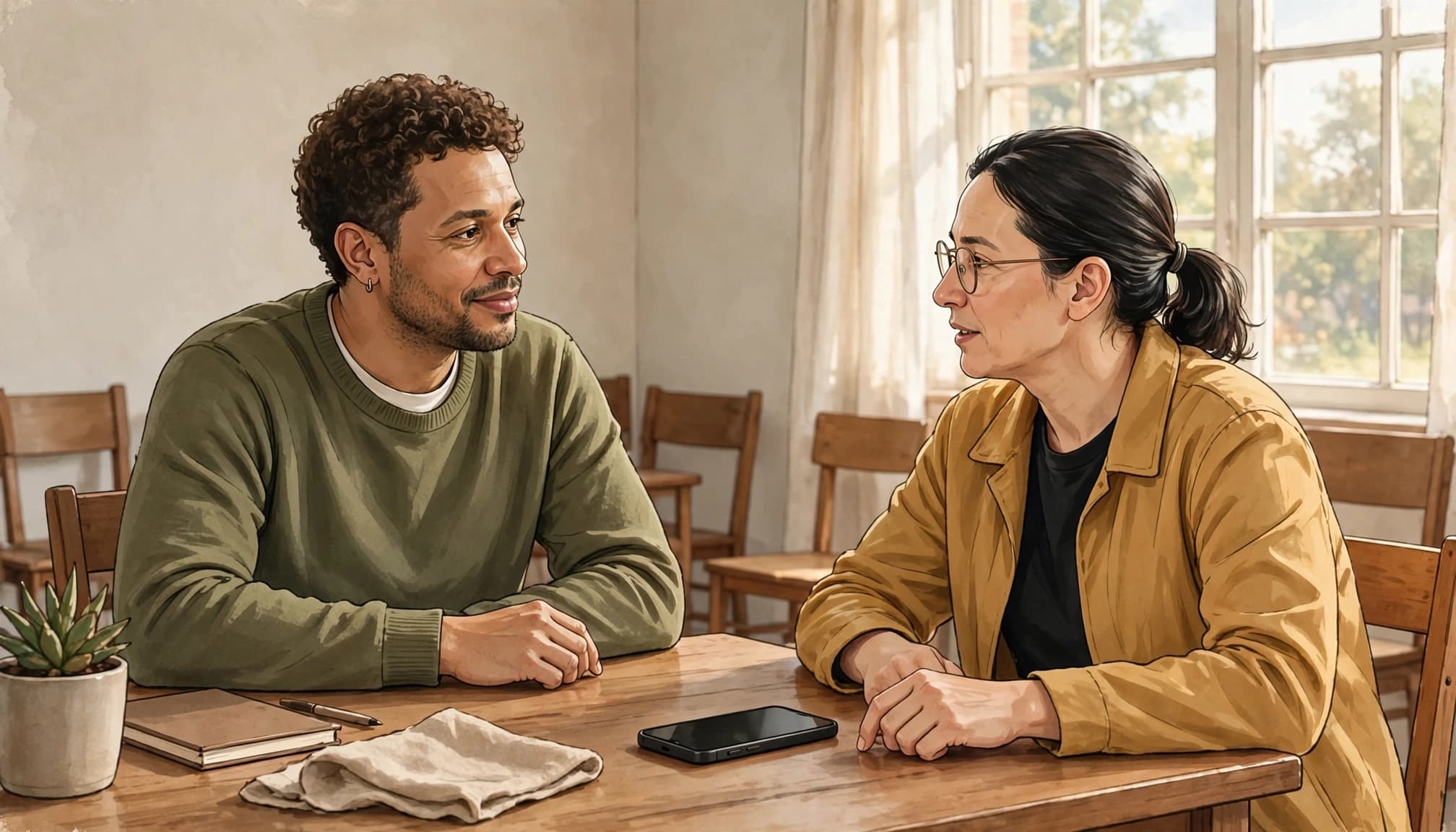 Two adults having a conversation at a wooden table in a sunlit room.