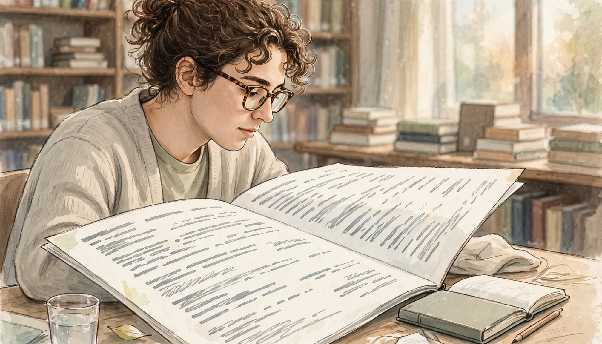 How to Study With Language Podcasts and Transcripts 2 An illustration of a person with curly hair and glasses reading a large transcript in a library.