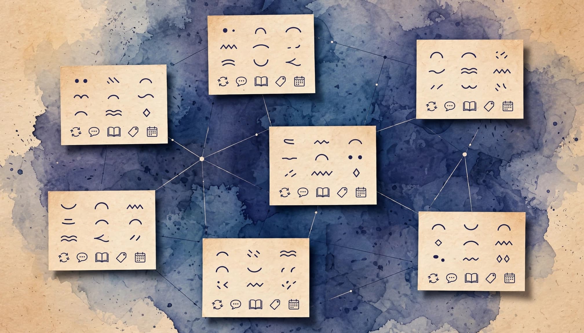 Obsidian for Language Learning: A Searchable Phrase Notebook 2 Linked note cards with abstract script and icons over a blue watercolor background.