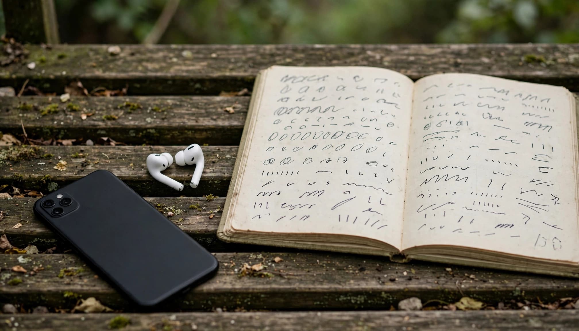 Learn Nepali on Your Phone: Script, Audio, and Courses 3 A phone and earbuds beside an open notebook on a garden bench.