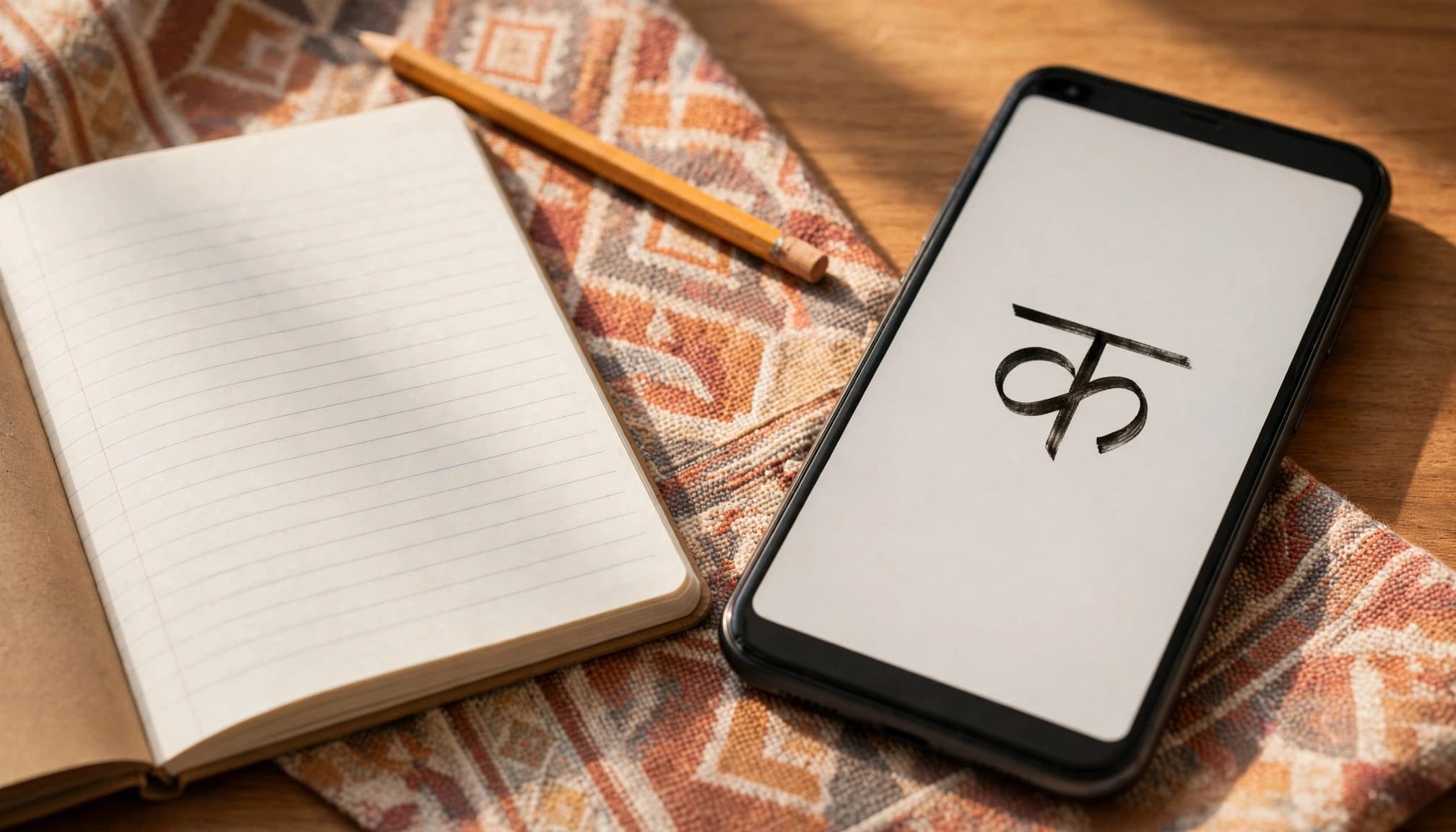 Learn Nepali on Your Phone: Script, Audio, and Courses 2 A phone showing one Devanagari character beside a pencil and ruled notebook.