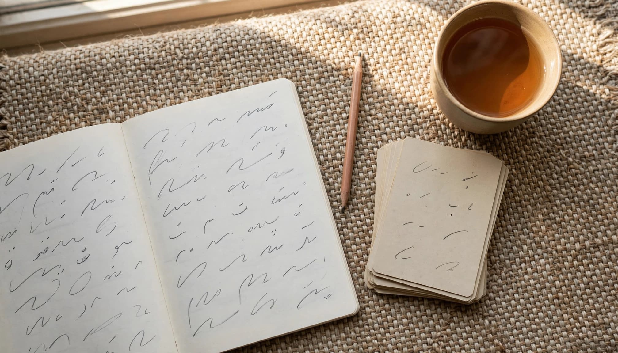 An open notebook with abstract script, a pencil, a stack of cards, and a cup of tea on a textured surface.