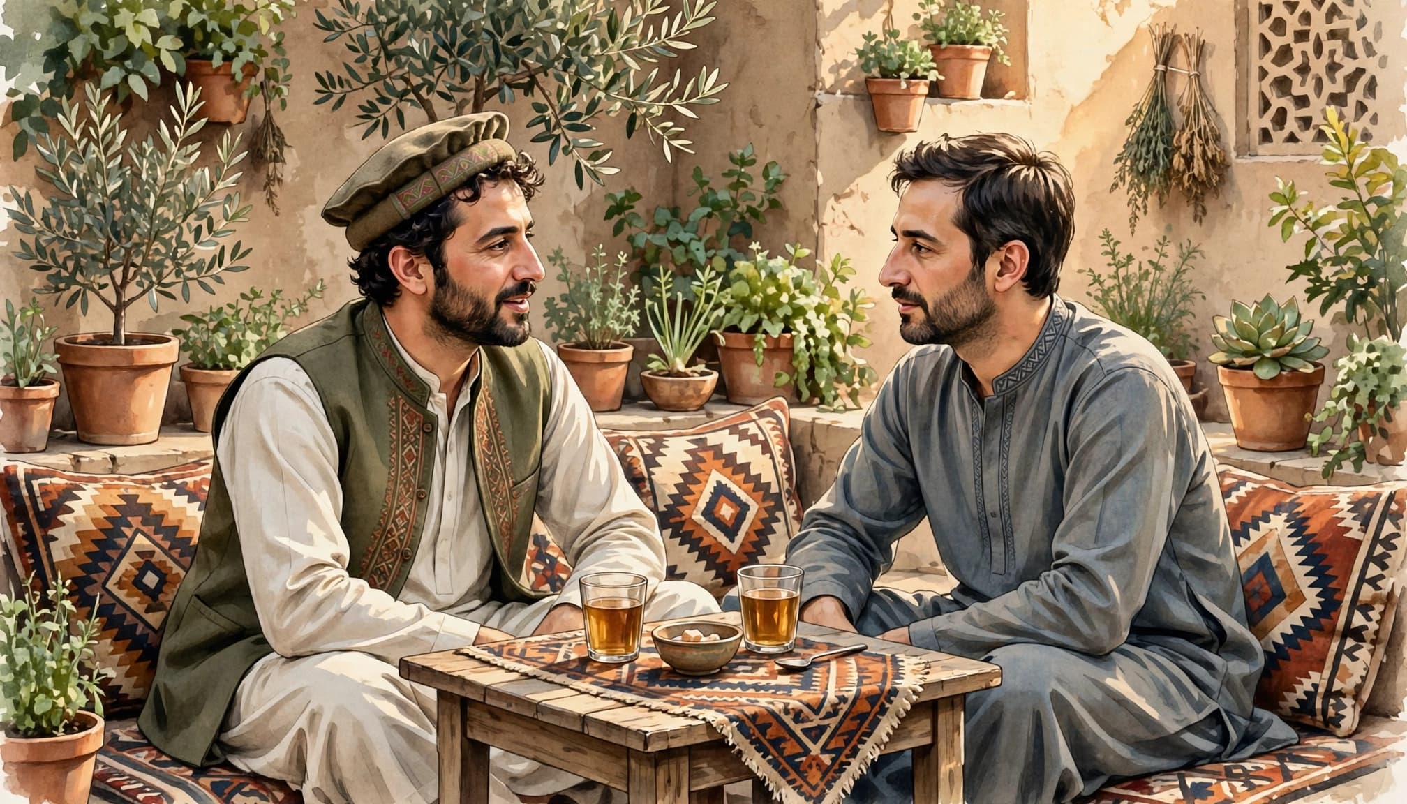 Two adult men sitting in a sunny courtyard, having tea and talking.