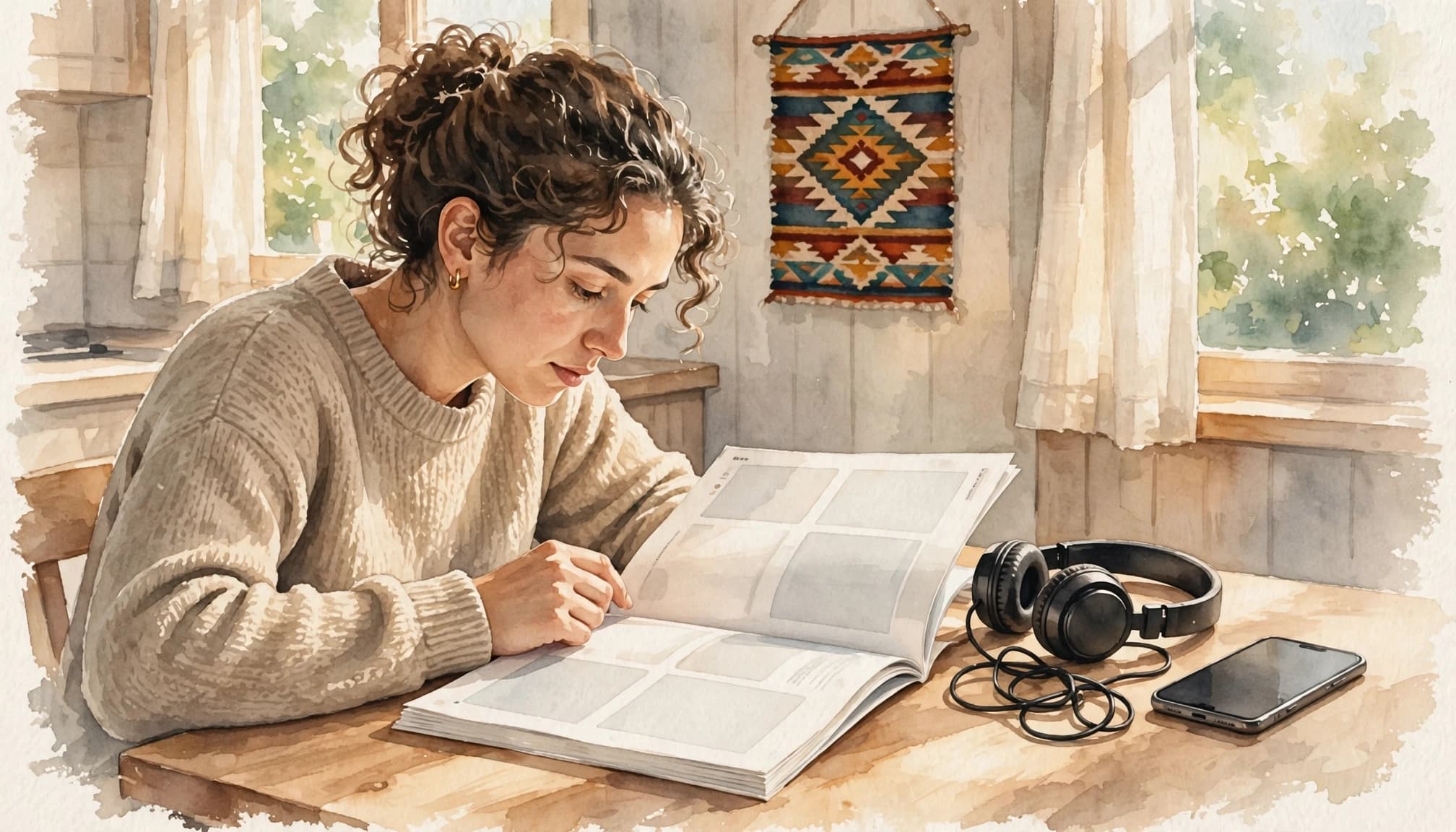 A watercolor illustration of a woman studying a book at a sunny table with headphones and a phone.