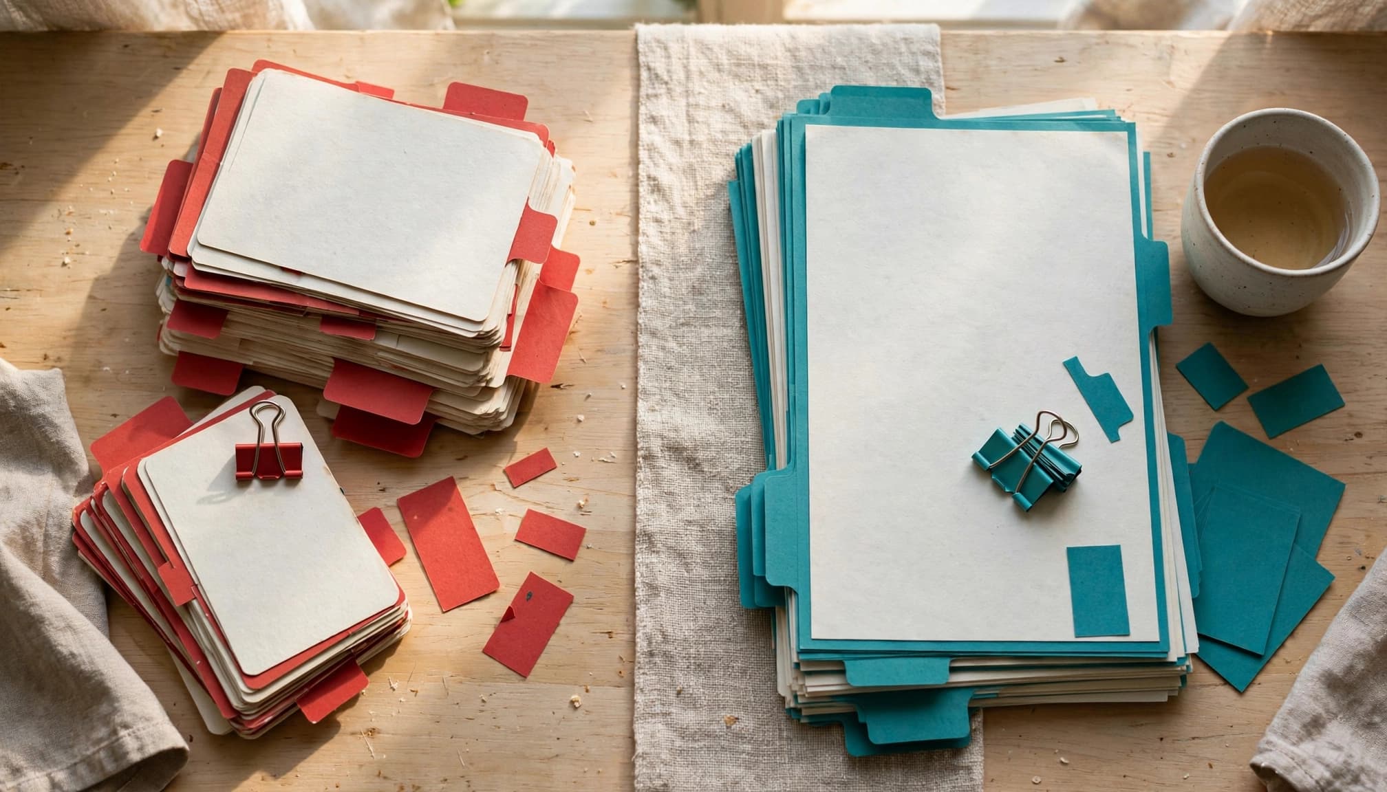 Red-accented flashcards and teal practice sheets sit in separate zones beside a tea cup.