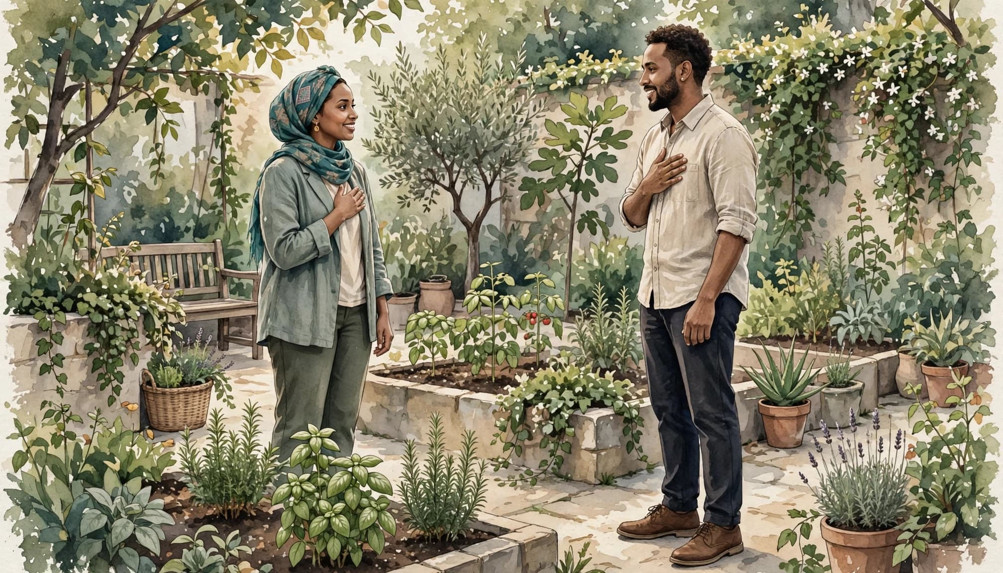 Best Somali Learning Resources for Script and Conversation 3 A man and a woman stand facing each other in a lush green garden.
