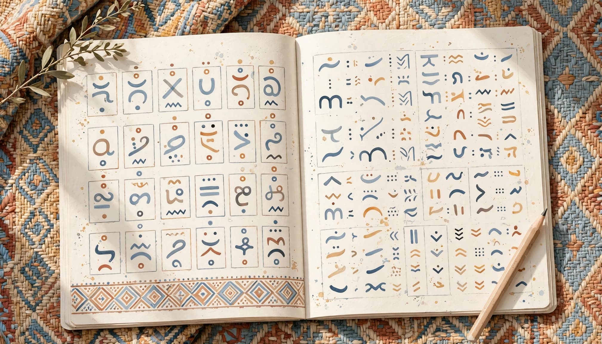Best Somali Learning Resources for Script and Conversation 2 An open workbook with abstract letterforms and a pencil, resting on a woven textile.
