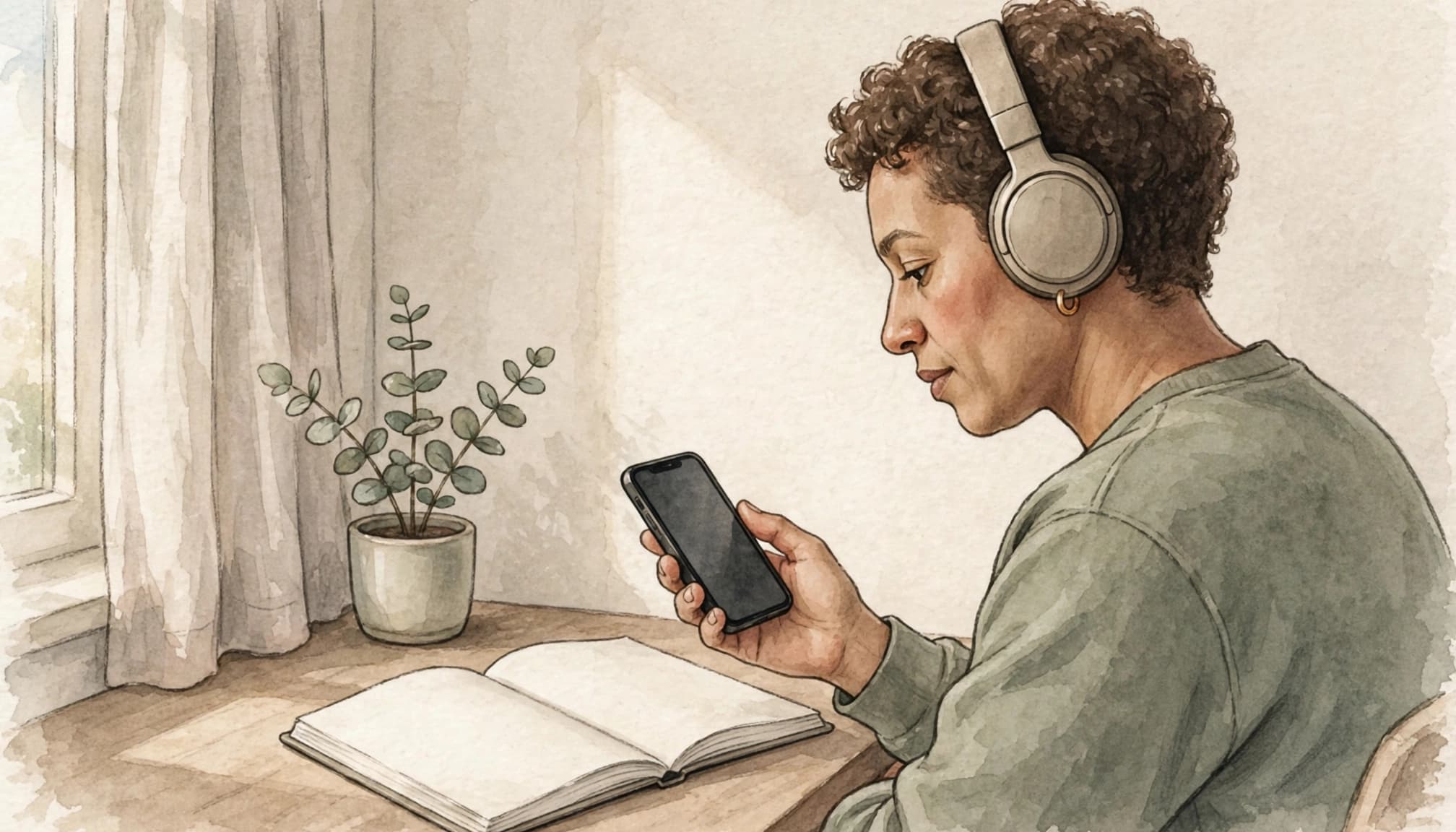 How to Learn Tigrinya With Fidel and Beginner Audio 3 A person wearing headphones looks at a smartphone while sitting at a desk with an open notebook.