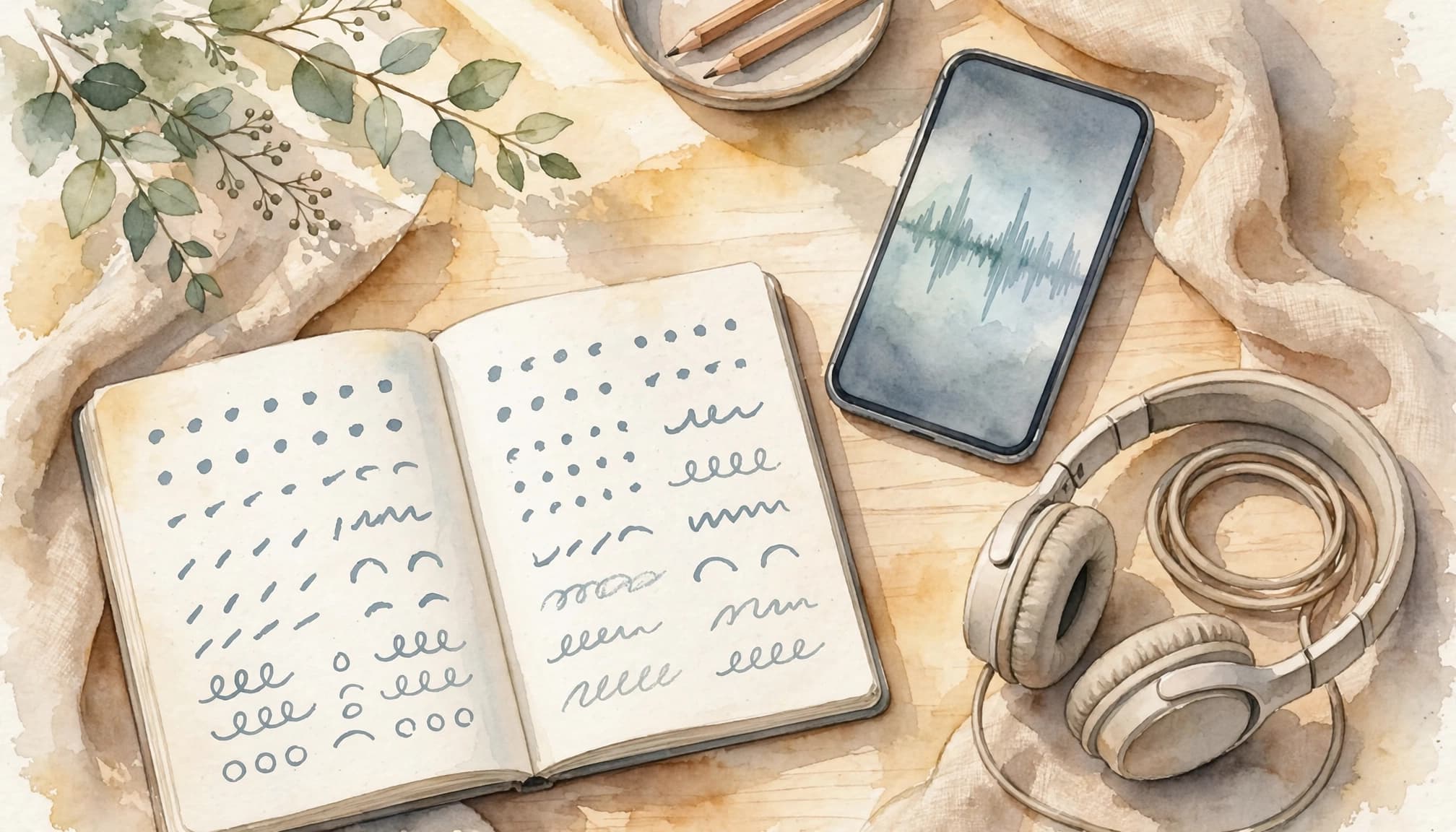 How to Learn Tigrinya With Fidel and Beginner Audio 2 Watercolor illustration of a study setup with an open notebook, smartphone with audio waveform, and headphones.