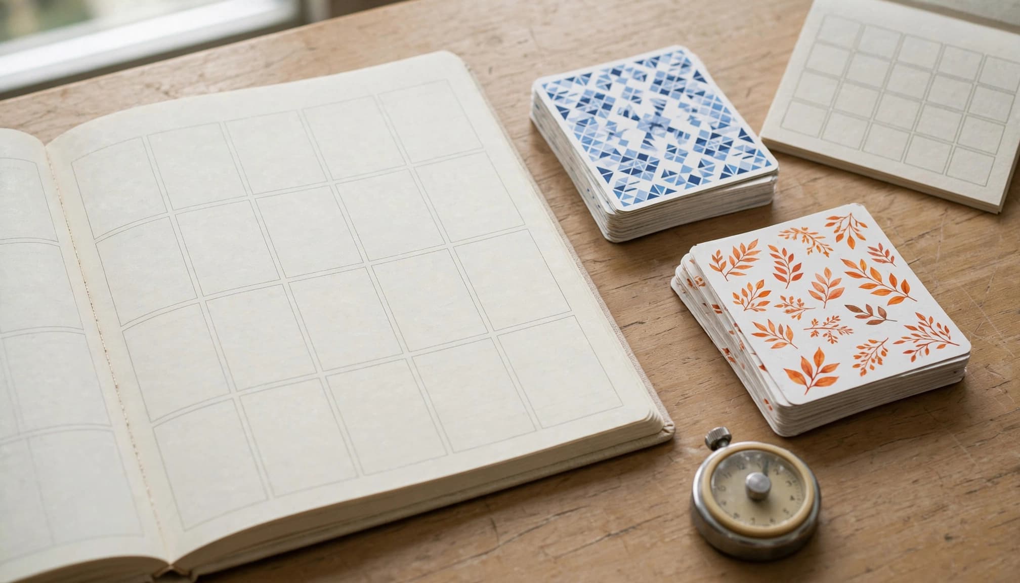 An open planner and two illustrated card piles sit beside a paper calendar and timer.