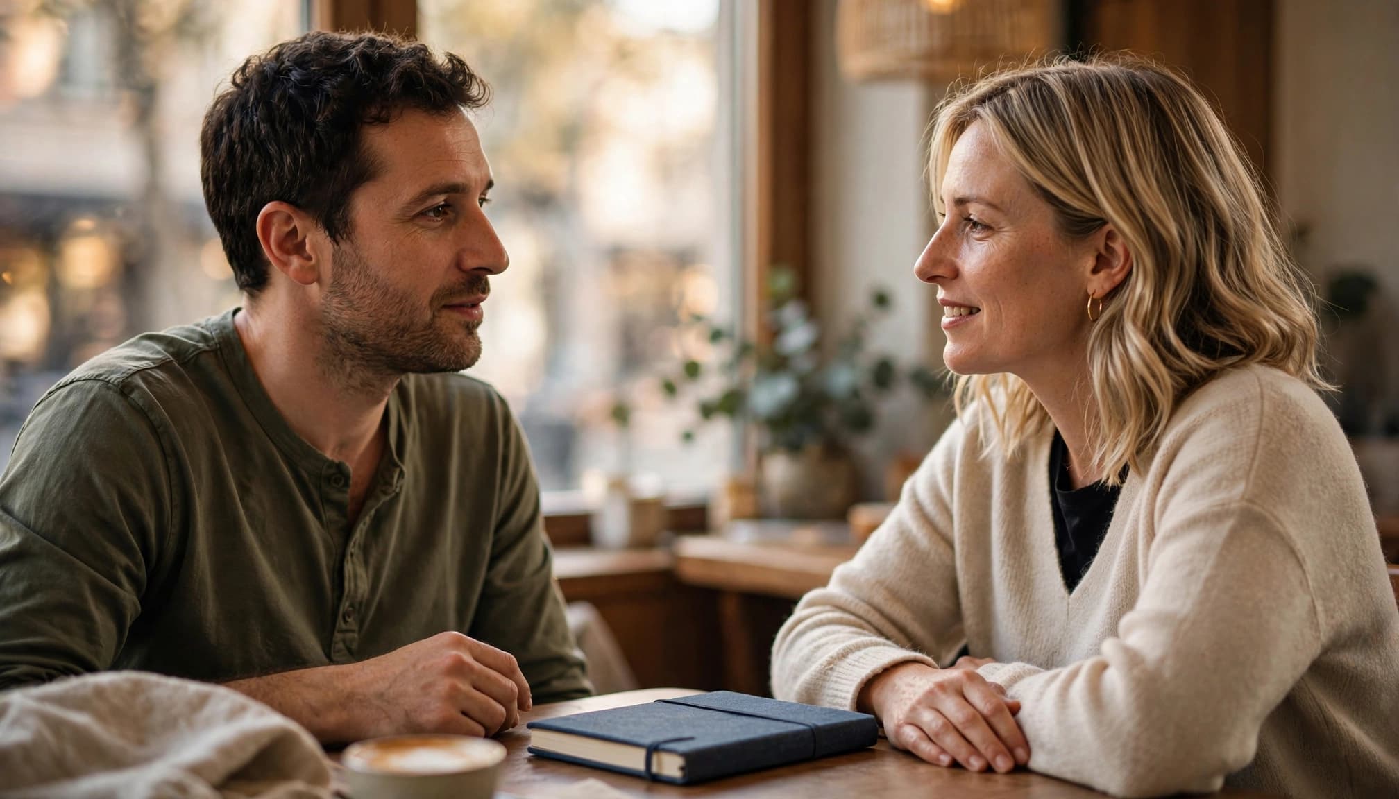 Best Yiddish Learning Apps for Reading and Conversation 3 Two adults talk across a cafe table with a closed notebook between them.