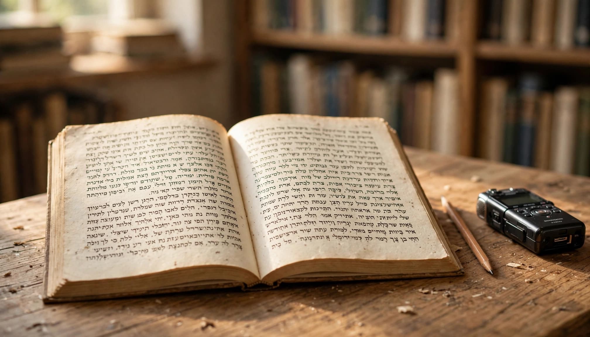 Best Yiddish Learning Apps for Reading and Conversation 2 An open Yiddish reader, pencil, and audio recorder on a sunny library table.