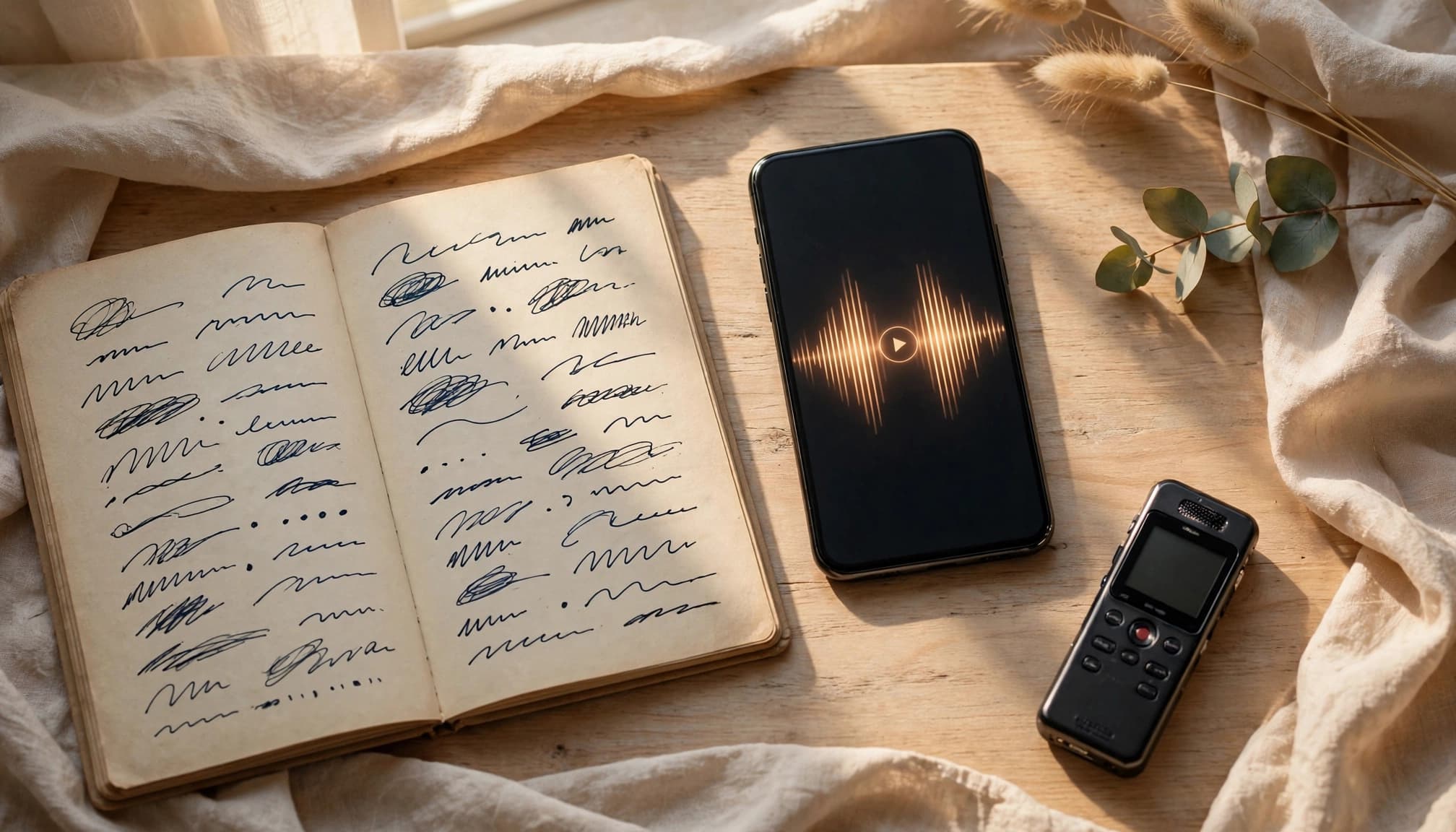 An open notebook, smartphone, and small recorder arranged on a study table.